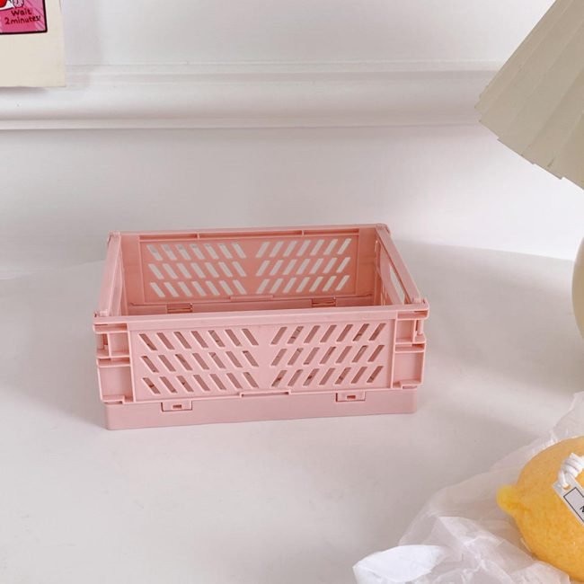 Stackable Collapsible Organizer Plastic Portable Folding Storage Basket pink